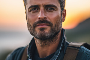 A rugged man with a beard, wearing a dark jacket and straps, stands against a s, a Person Photo by Textures & Backgrounds