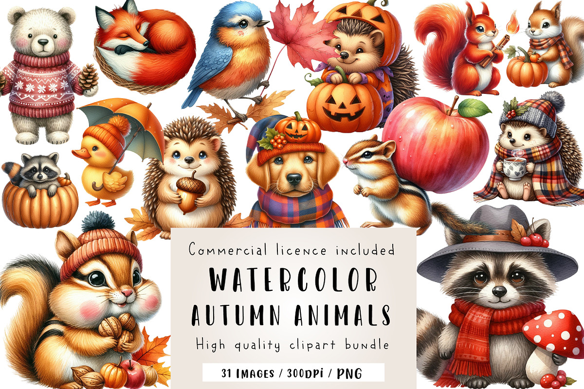 Watercolor Autumn Animals Clipart, an Illustration by CreationArt (Photo 1 of 5)
