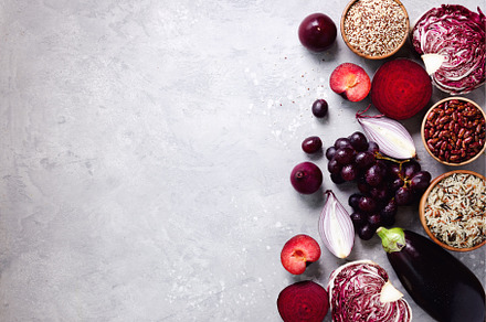Purple vegetables, fruits on grey, a Food & Drink Photo by Enjoy Photo