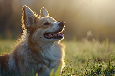 Portrait of a cute corgi dog having fun in a green meadow, an Animal Photo by AlyaAnd