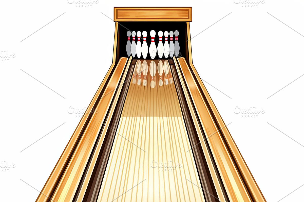 Red bowling ball rolling down a wooden lane towards ten white pins, an Illustration by AS photostudio