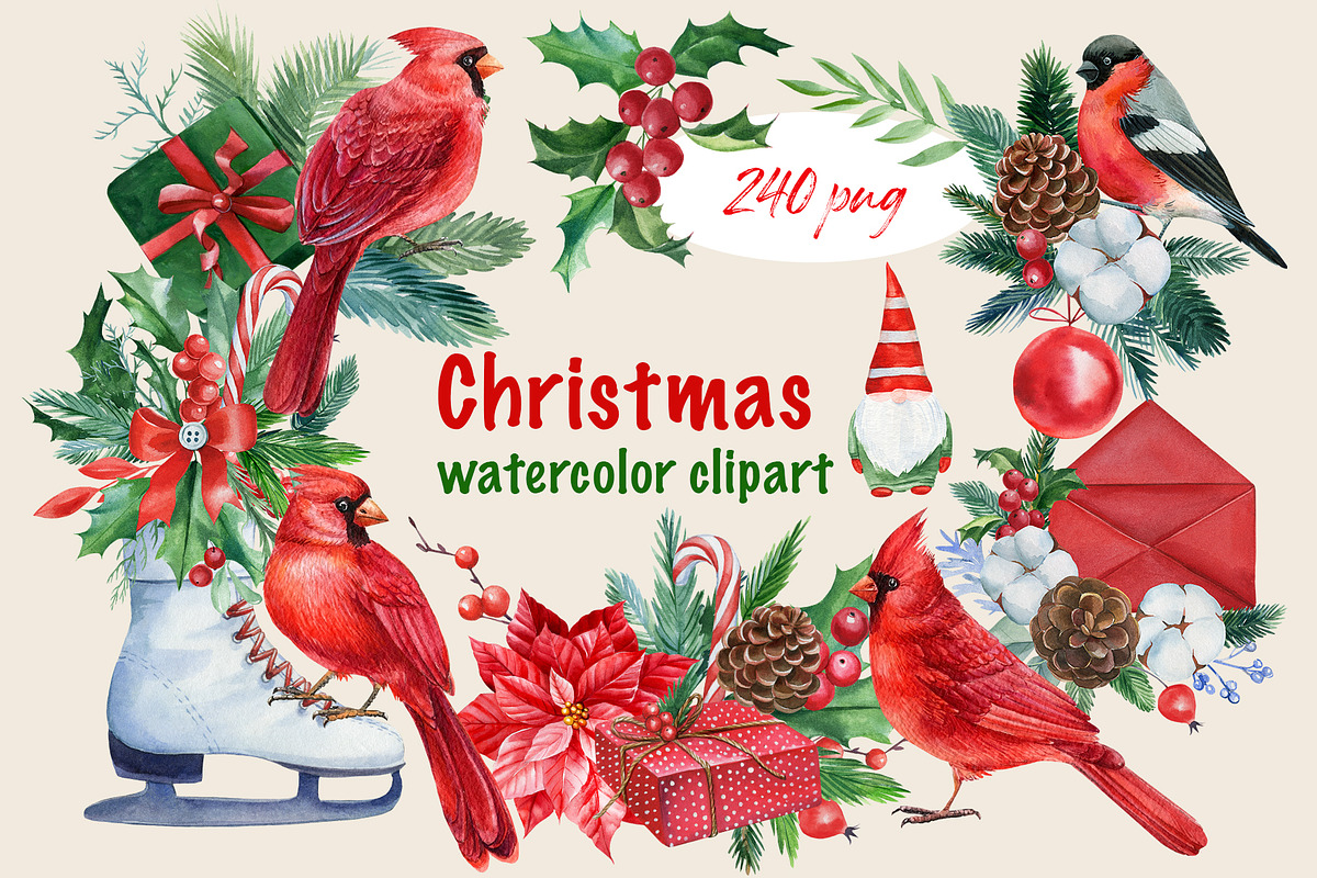 Christmas watercolor clipart, a Decorative Illustration by Hanna Hryharenka (Photo 1 of 19)