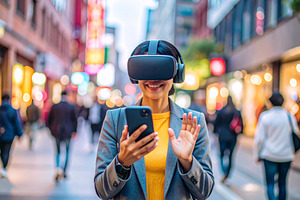 Woman at urban scene wearing AR glasses while holding a smartpho, a Photo by DanFLCreativo