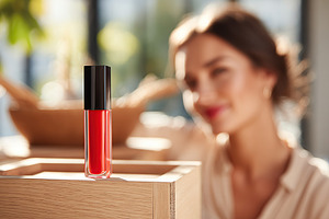 Serum bottle positioned on a wooden ledge with a blurred background of a woman, a Beauty & Fashion Photo by AlyaAnd