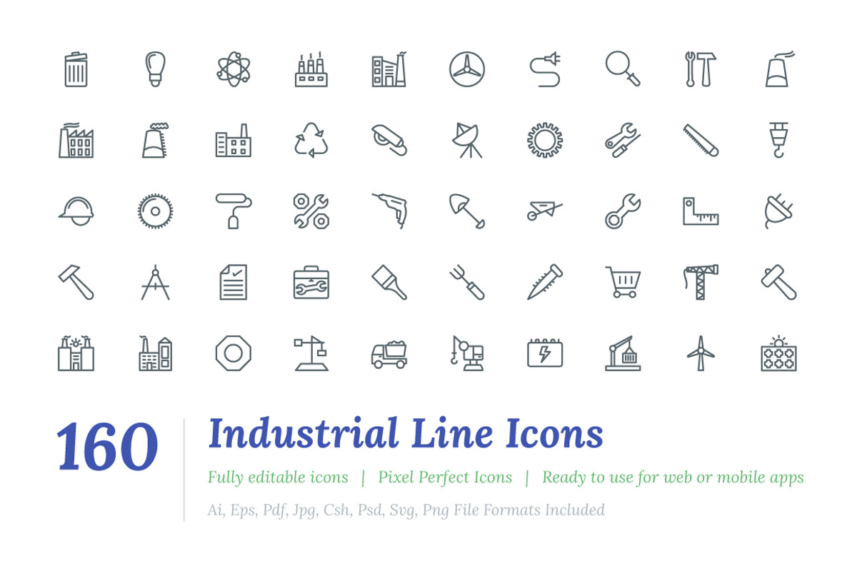 160 Industrial Line Icons, an Outline Icon by Vectors Market (Photo 1 of 3)