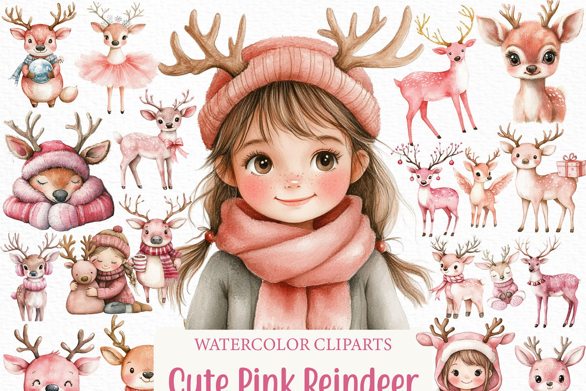 Watercolor Cute Pink Reindeer PNG, an Illustration by Craft Nest (Photo 1 of 6)