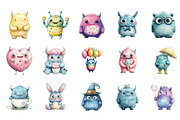 Cute Monsters Watercolor Clipart, an Illustration by Designking (Thumbnail 2 of 5)