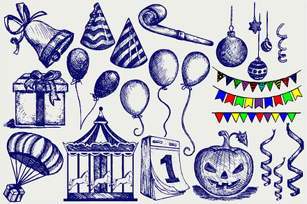 Set of festive objects, a Decorative Illustration by LineworkStock