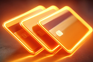 Glowing neon credit cards in vibrant colors, a Business Photo by AlyaAnd