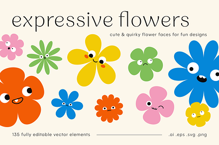 Expressive Flower Faces | Shapes Set, an Object Graphic by stasylionet