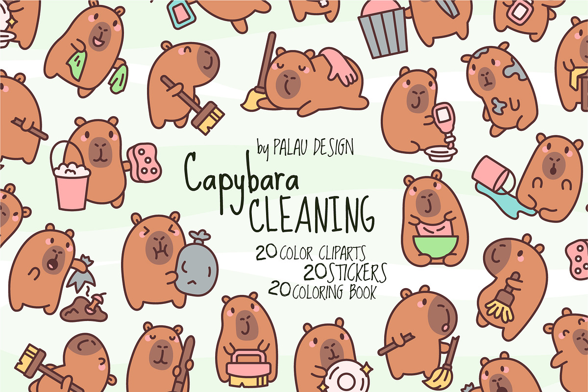Capybara Cleaning Clipart Set, an Animal Illustration by Palau