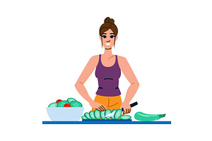 Young woman slicing cucumbers and, a Food Illustration by pikepicture