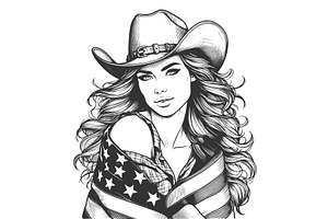 Cowgirl With American Flag Vector