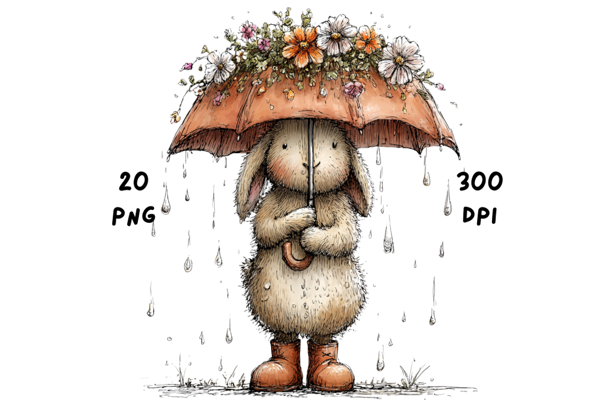 Whimsical Rainy Bunny Clipart, an Animal Illustration by GiraffeCreative (Photo 11 of 19)