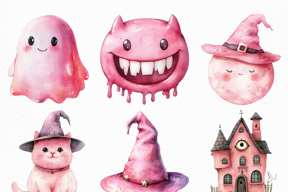 Kawaii Pink Halloween Clipart Bundle, an Illustration by Craft Nest (Photo 5 of 6)