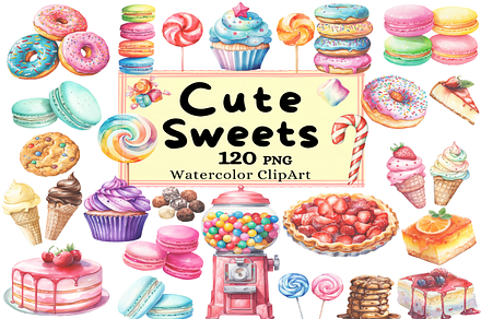 The Cute Sweets Collection Clipart, a Food Illustration by Watercolor Digital