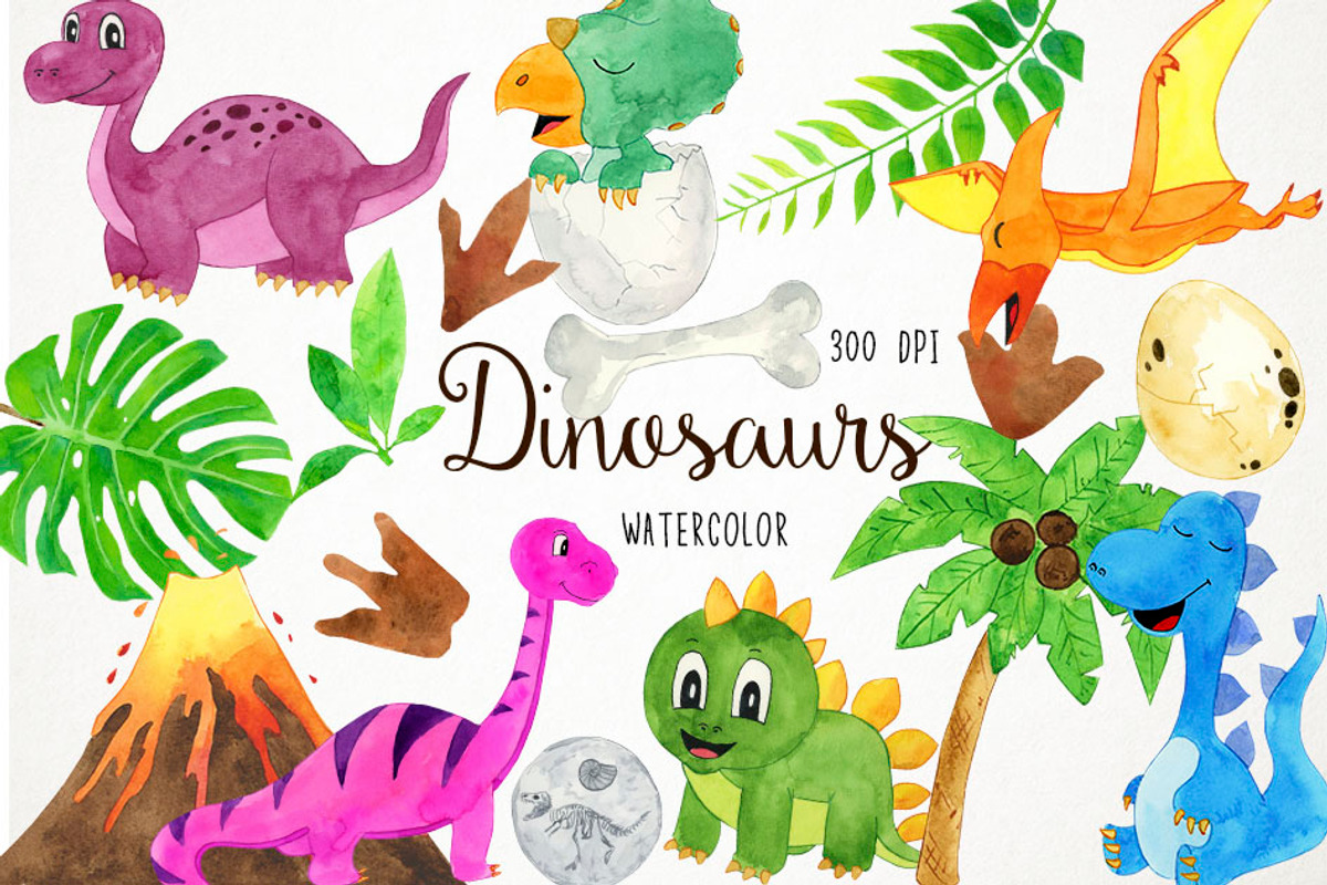 Watercolor Dinosaurs Clipart, an Illustration by Paulaparaula (Photo 1 of 4)