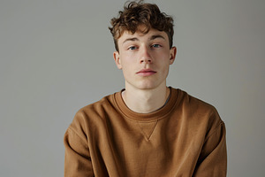 Young attractive man in sweatshirt on grey background, a Person Photo by AlyaAnd