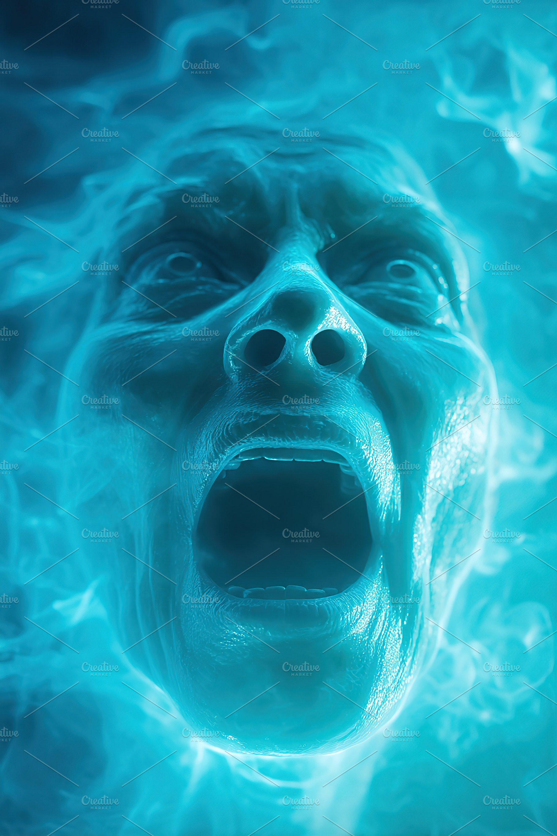 Expression of anguish illuminated by blue light in a dark, misty environment, an Arts & Entertainment Photo by AlyaAnd