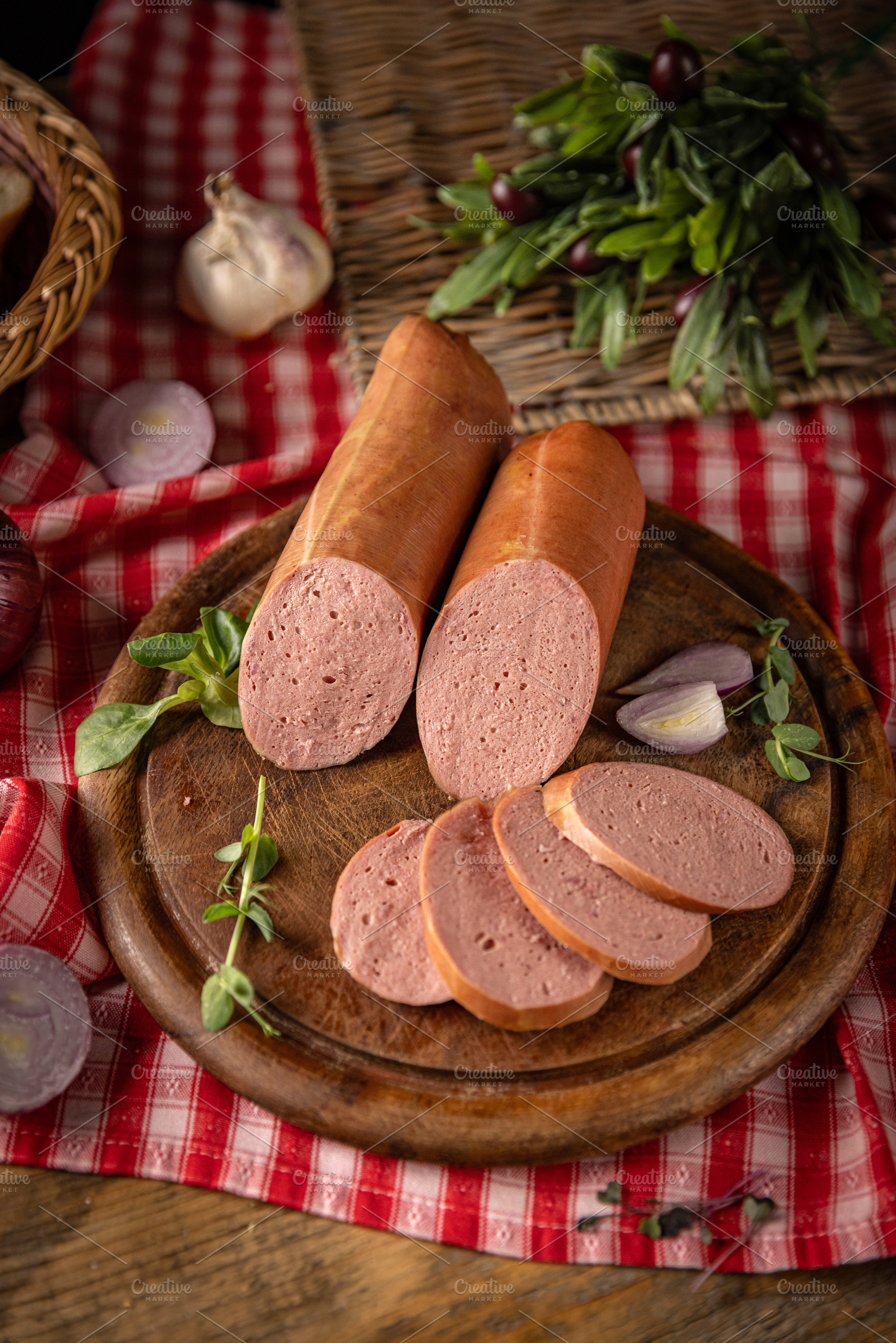 Savory sausages, is presented sliced, a Photo by Grafvision photography