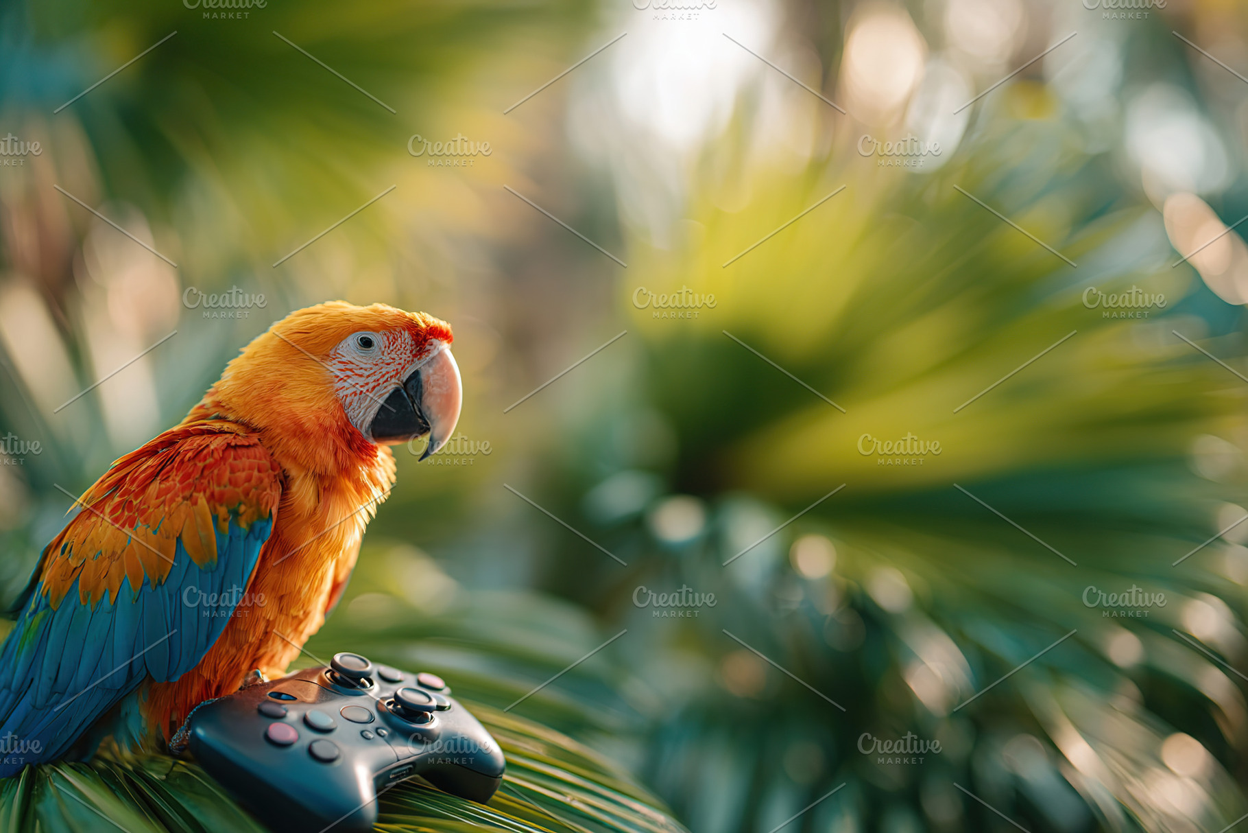 Colorful parrot sitting on a remote-controlled drone in a lush tropical setting, a Photo by AlyaAnd
