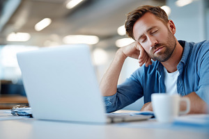 Tired man with closed eyes rests, a Business Photo by MistyDay