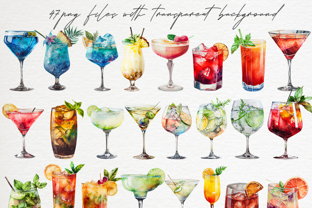 Watercolor cocktails clipart PNG, a Food Illustration by Dashadraws.art (Photo 2 of 3)