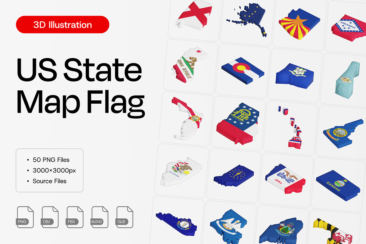 Us State Map Flag 3D Icon Set, an Object 3D Model by Eklip Studio (Photo 3 of 3)
