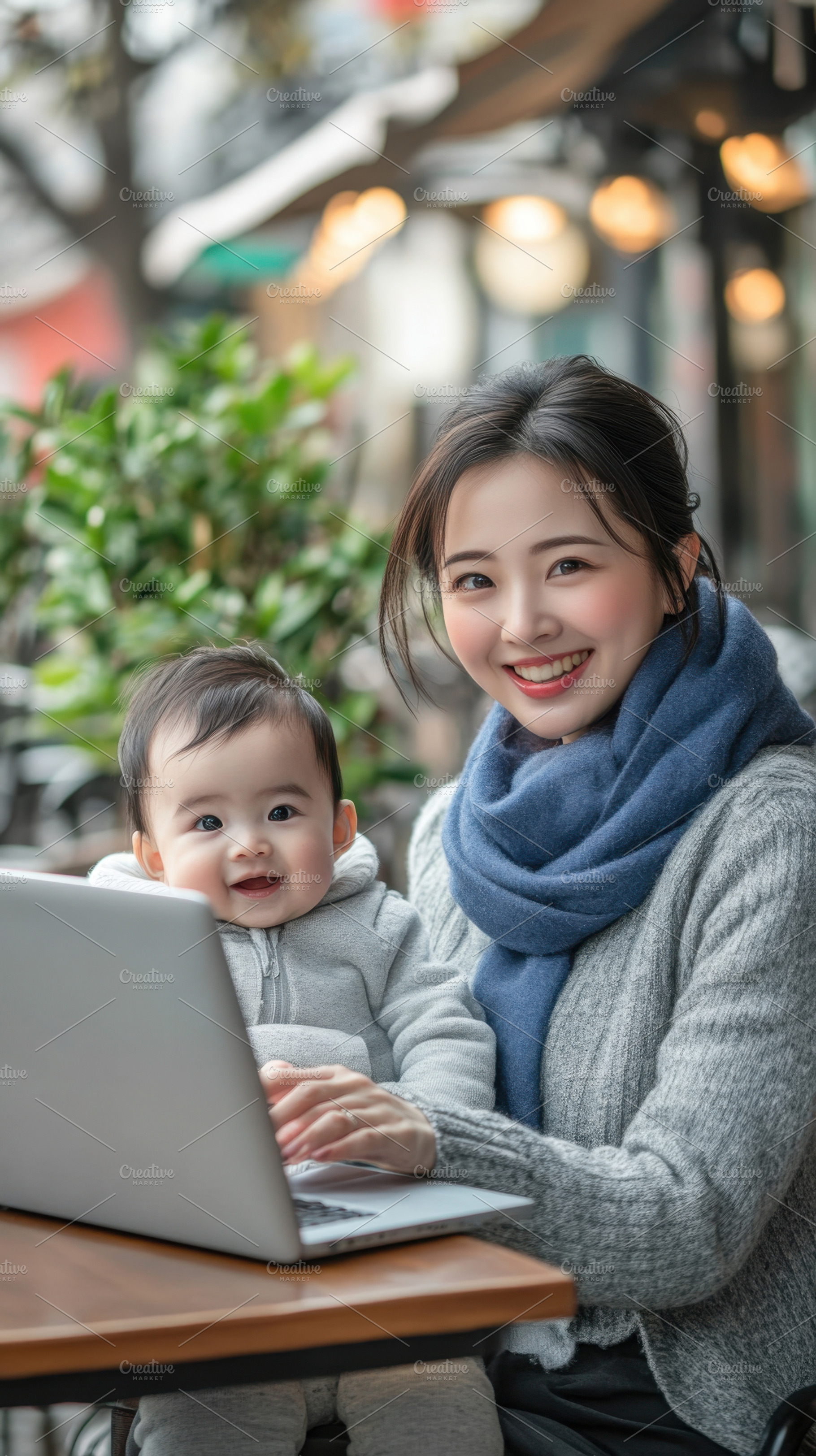 Mother working with baby outdoors, a Photo by Beautiful things