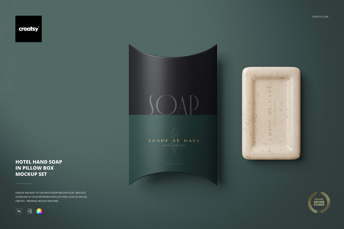 Hotel Hand Soap In Pillow Box Mockup, a Merchandise Mockup by creatsy5 (Photo 1 of 10)