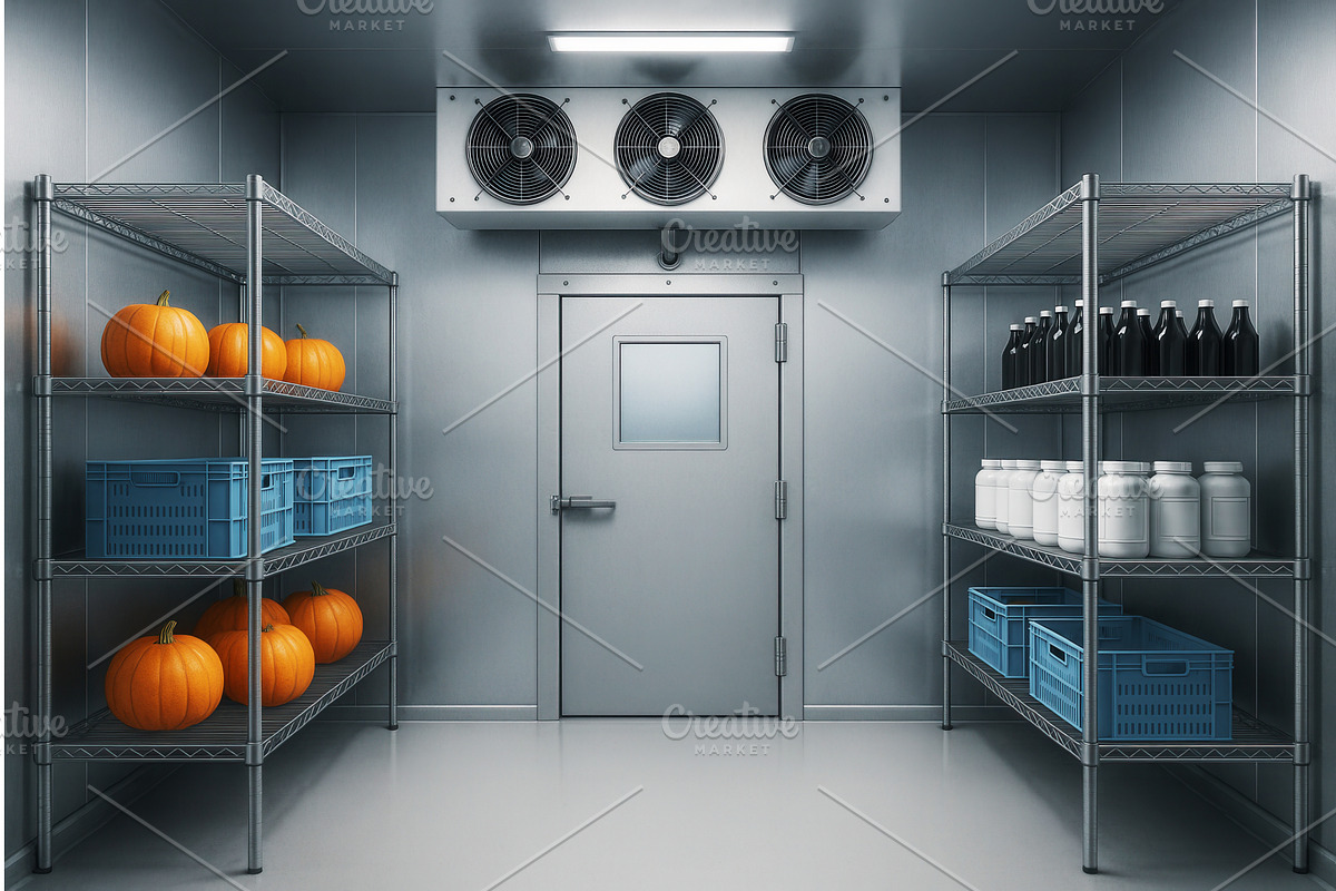 Industrial cold storage room with, an Illustration by Sergey Kotenev