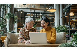 Two Asian women collaborate on a, a Person Photo by Sergey Kotenev