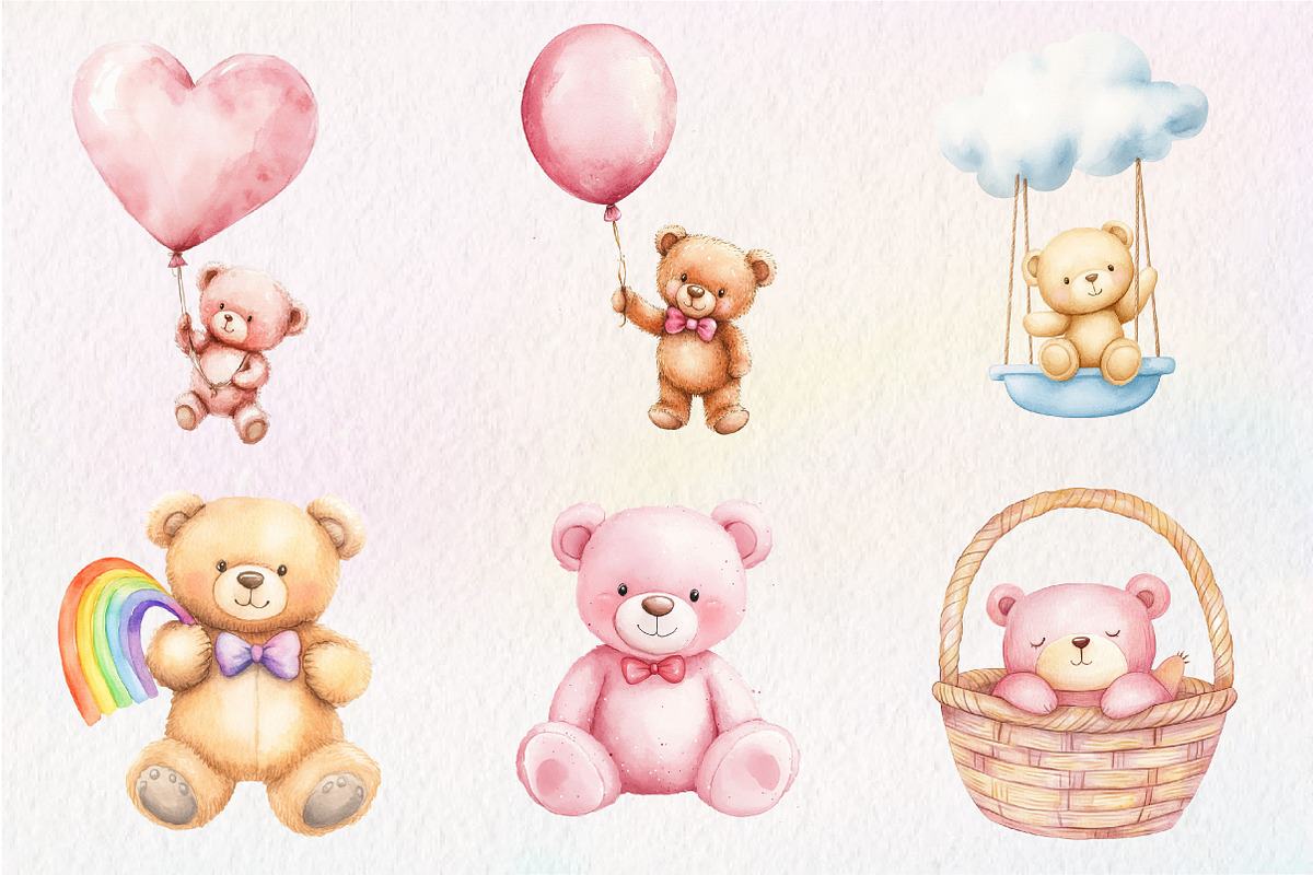 Watercolor Pink Cute Blush Teddy Bea, an Illustration by CreationArt (Photo 2 of 9)