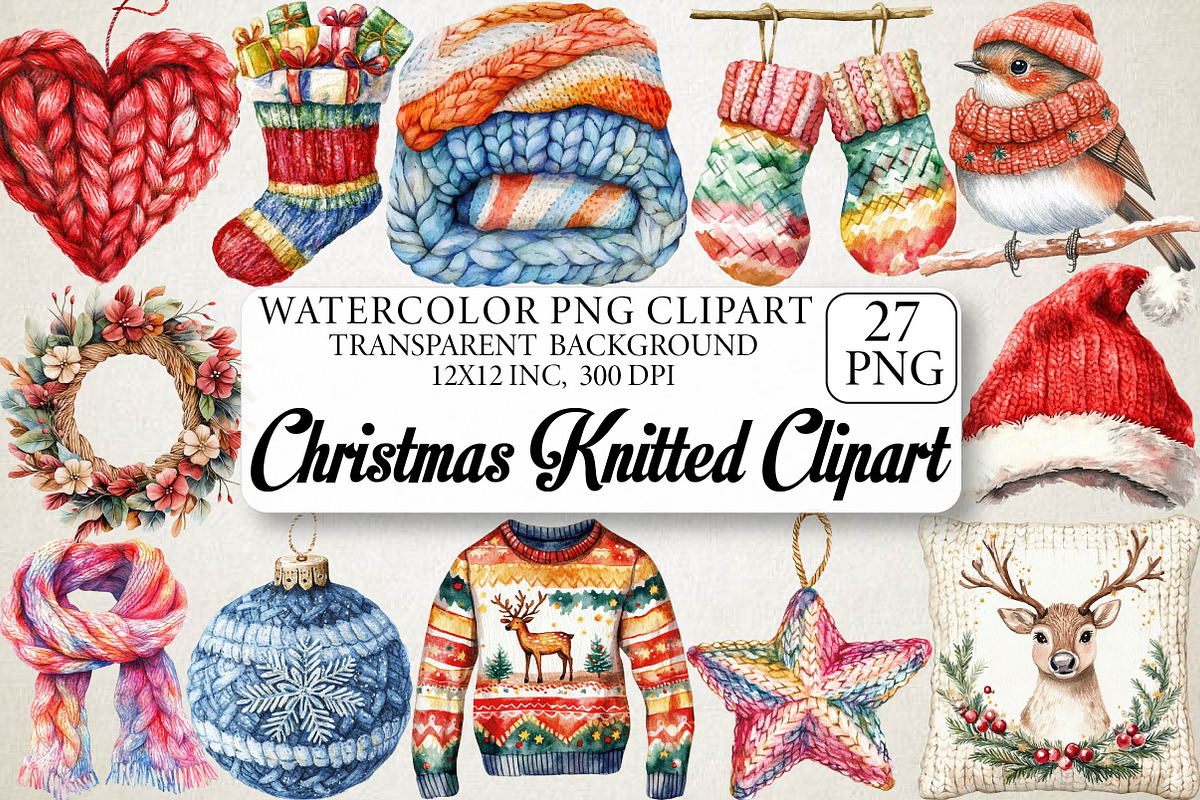 Watercolor Christmas Knitted Clipart, an Illustration by DreamPrint404 (Photo 1 of 6)