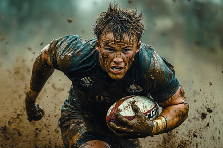 Mud Covered Rugby Player Running wit, a Background Photo by Pixeness