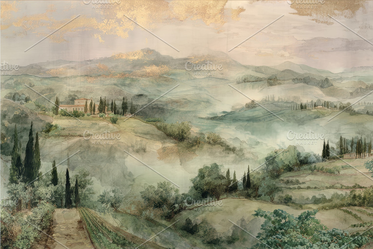 Tuscan Dreams- Wallpaper soft tones, a Decorative Illustration by Virgo Studio