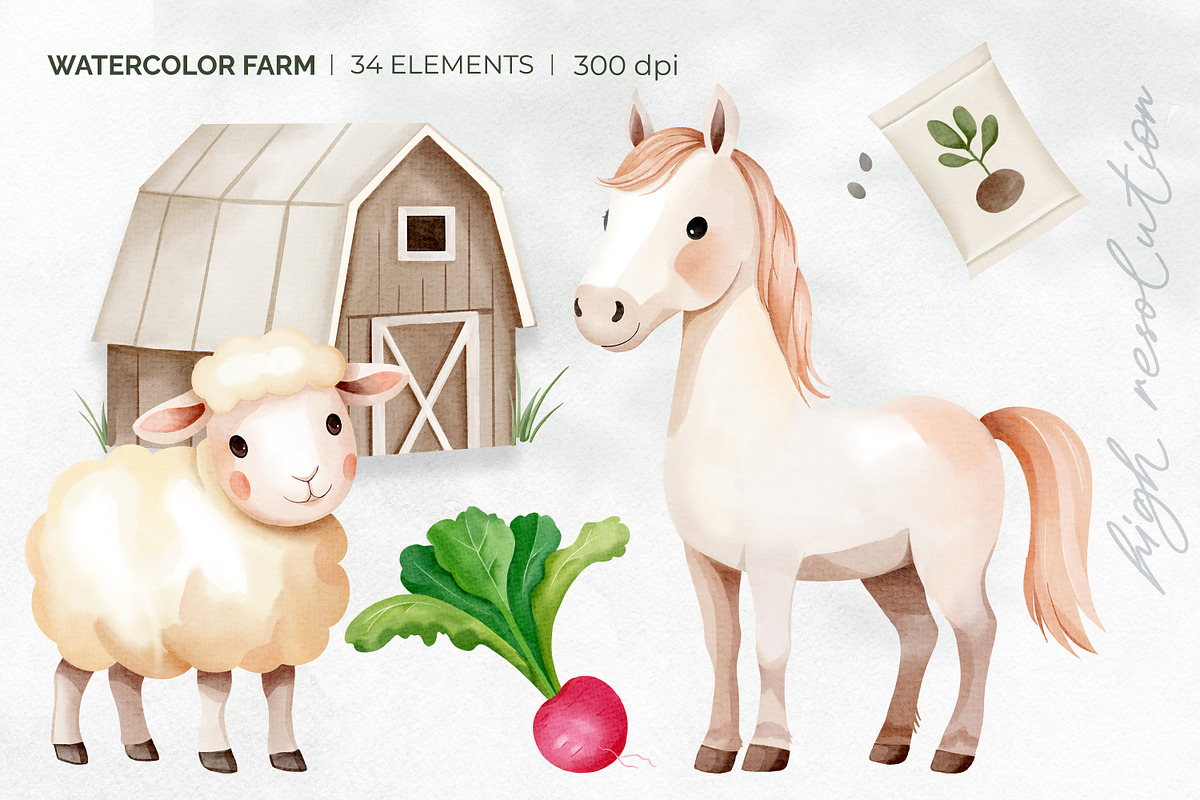 Watercolor Farm Clipart. 34 Elements, an Animal Illustration by Hanna's ArtLab (Photo 6 of 6)