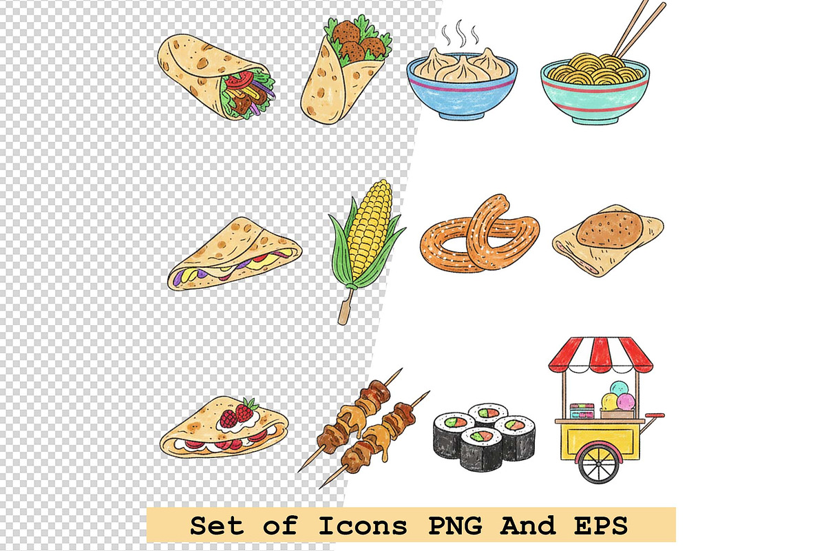 Set of  street food icons vector, an Icon by one-touch