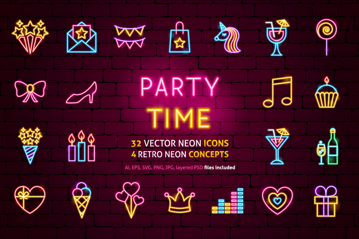 Party Neon Vector Icons Set