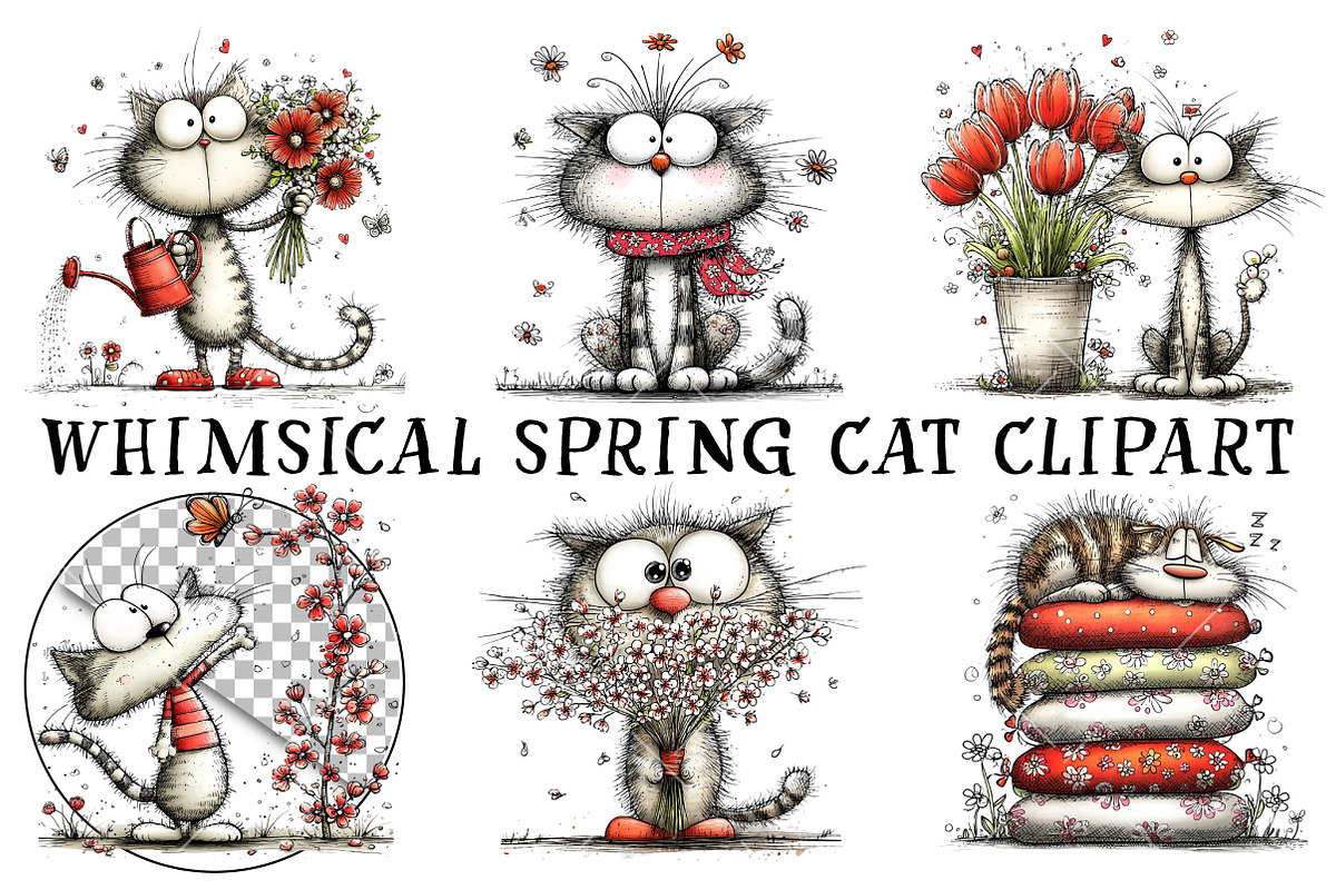 Whimsical Spring Cat Clipart, an Illustration by OK Design (Photo 3 of 6)