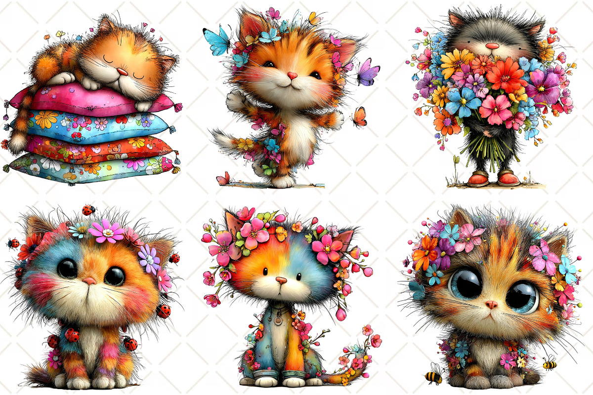 Whimsical Spring Cat Clipart, an Illustration by Black Bird Studio (Photo 5 of 5)