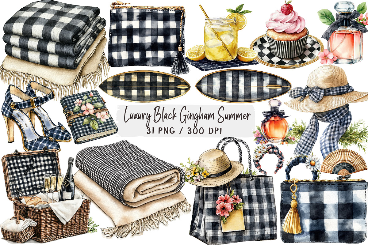 Luxury Black Gingham Summer Clipart, an Illustration by DreamArtGraphic (Photo 1 of 4)