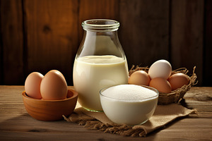 Fresh dairy products on wooden background, a Food & Drink Photo by AlyaAnd