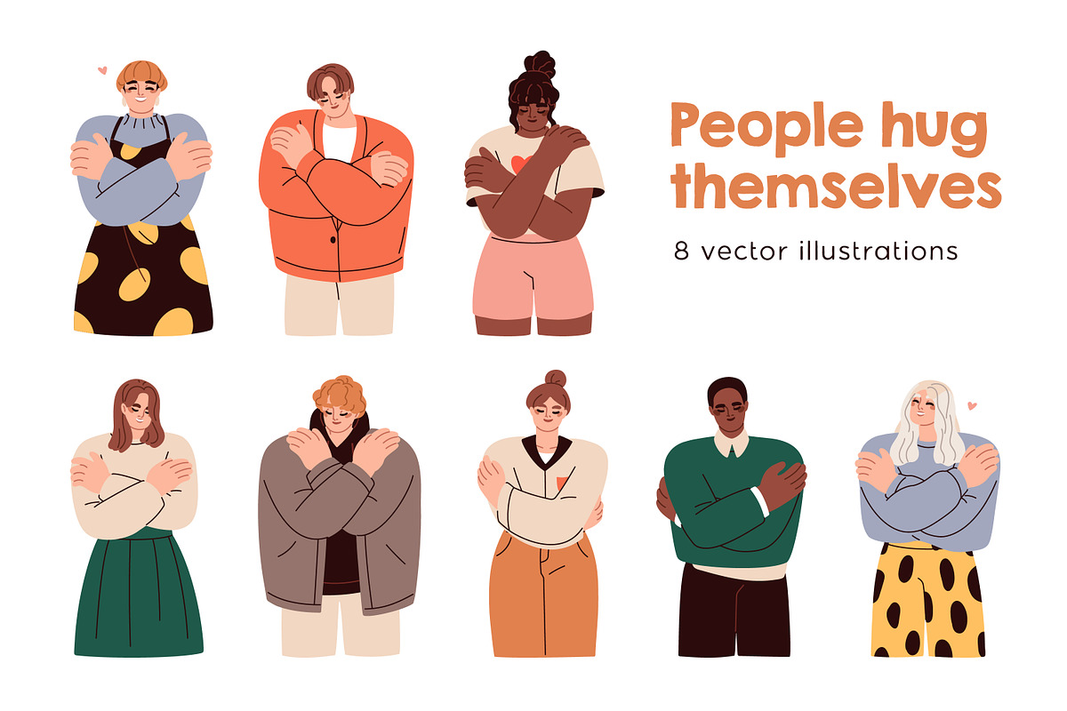 People hug themselves. Self love set, a Person Illustration by Good Studio (Photo 1 of 7)