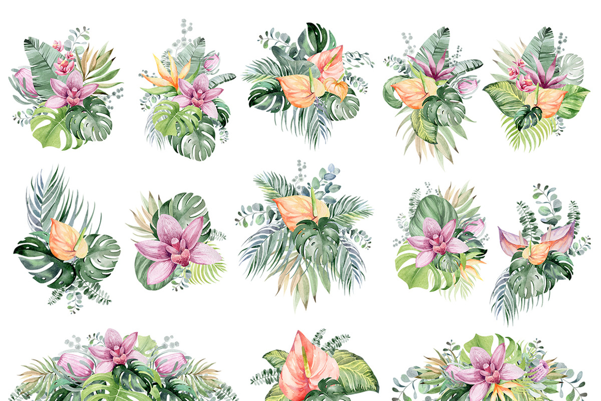 FLAMINGO & FLOWERS  tropical set, a Decorative Illustration by LenArt (Photo 6 of 18)