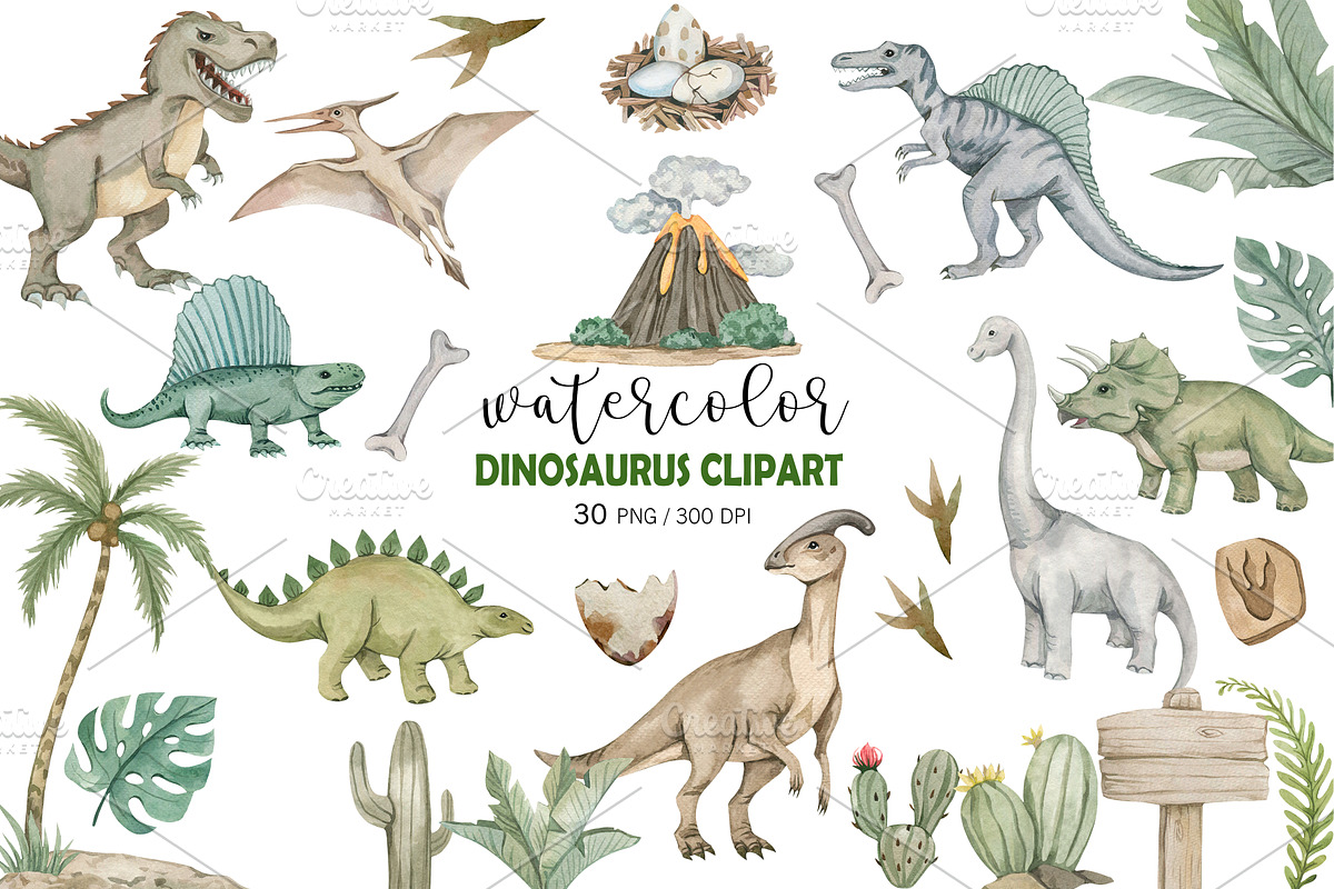 Watercolor Dinosaur Clipart, PNG, an Animal Illustration by PatternPalette (Photo 1 of 3)