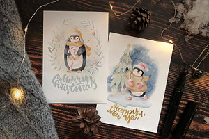 Winter Penguins - Watercolor Clipart