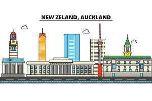 New Zealand, Auckland. City Skyline: Architecture, Buildings, Streets, Silhouette, Landscape, Panorama, Landmarks. Editable Strokes. Flat Design Line 