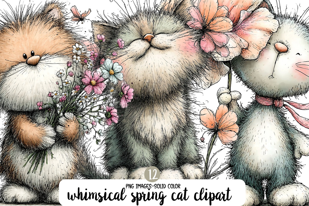 whimsical spring cat clipart, an Illustration by Designworld (Photo 1 of 3)