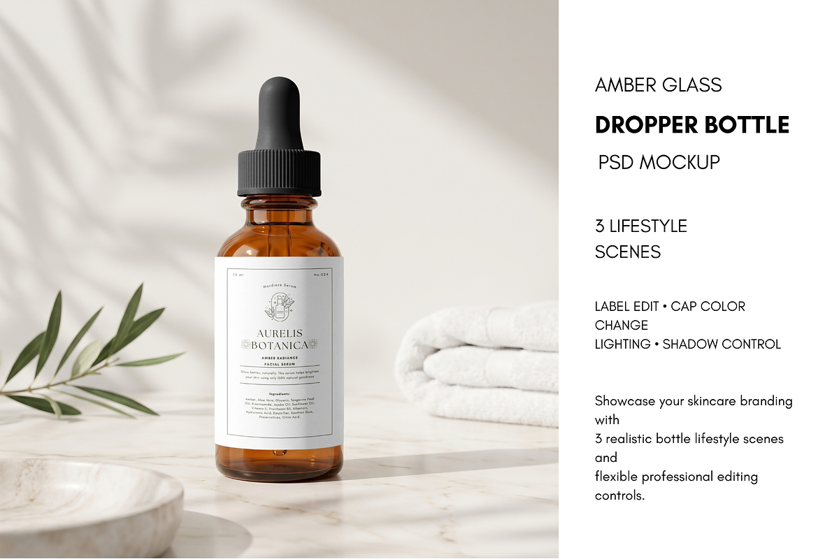Amber Glass Dropper Bottle Mockup, a Packaging Mockup by Pixel Foundry (Photo 1 of 6)